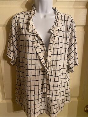 Karl Lagerfeld Cream Blouse with Black Grid and Ruffle Tie